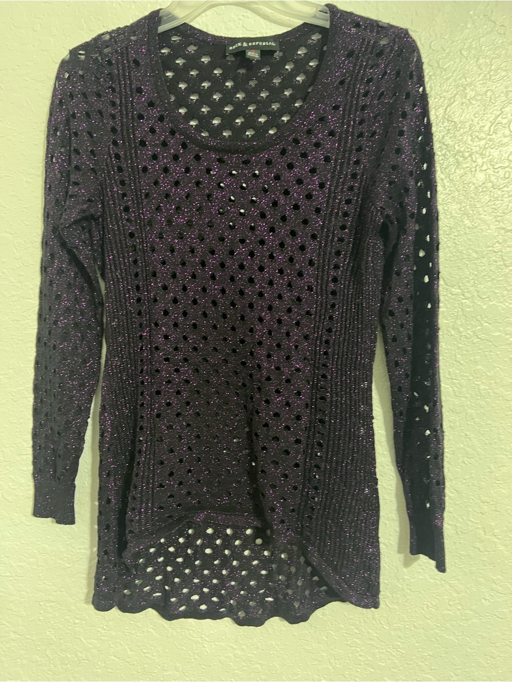 Rock & Republic Open Knit Sweater Purple Shimmer Metallic Biker Top Size M #645